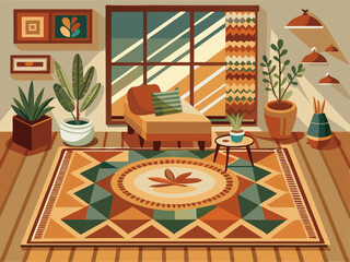 Obraz premium A cozy area rug in warm earth tones with geometric patterns, placed on a light-colored floor background.