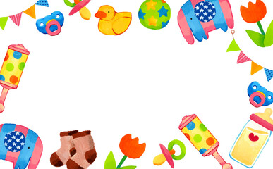 ベビー用品のカラフルなフレーム　手描きイラスト背景素材