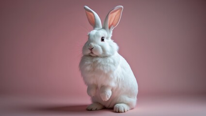 Front view of adorable white baby rabbit on a pink background. Charming pose of a young rabbit.