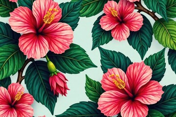 Bold, vibrant hibiscus, tropical leaves, seamless repeat, green, art, pattern