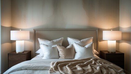 A carefully organized bed showcases several fluffy white pillows and a cozy throw blanket. A bedside lamp gently lights up the welcoming area during the daytime.