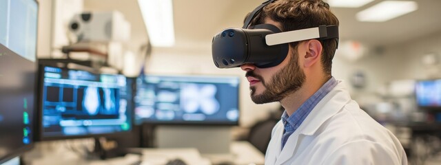 Scientist Wearing Virtual Reality Headset in High-Tech Laboratory
