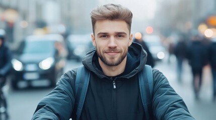 Fototapeta premium Young Man Smiling on Bicycle in Busy Urban Environment