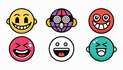 Fototapeta premium A collection of funny cartoon faces with various expressions and emotions, featuring smiley characters, monsters, and fun designs