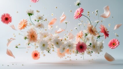 Gerberas and various beautiful flowers floating in the air against a backdrop.