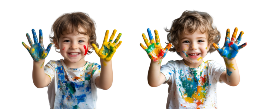 Child with colorful hands isolated on transparent background
