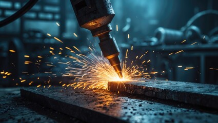 Close-up view of the laser welding procedure using a handheld machine. The advanced welding technique with a laser device.