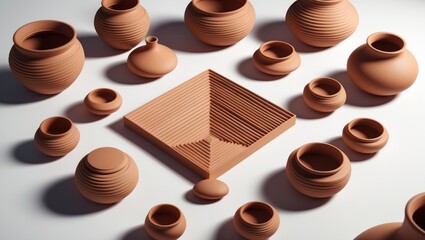Collection of images featuring unglazed handmade coiled pottery pots crafted from red clay, set against a white background.