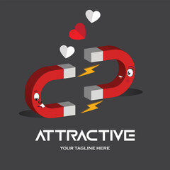A creative and playful vector illustration featuring two cartoon magnets with expressive faces, symbolizing attraction and love.The magnets are shown pulling towards each other with electric sparks .
