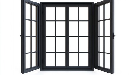A black wooden window is isolated against a white background, showcasing its elegant frame and design.