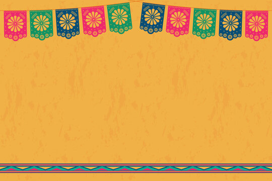 Hispanic Heritage Month, Cinco de Mayo, Fiesta. Vector horizontal background with copy space. Vector illustration with Papel Picado festive flags and decorative frame decorated with ornament on yellow