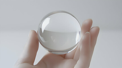 Hand Holding a Clear Glass Sphere Against a White Background