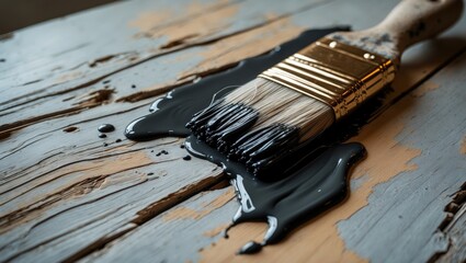 Grey color painting on wooden surface, used for home decoration. House renovation. Partially painted surface. Paintbrush smear. Macro.