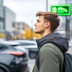 Young man looking thoughtfully on urban street in modern city backdrop