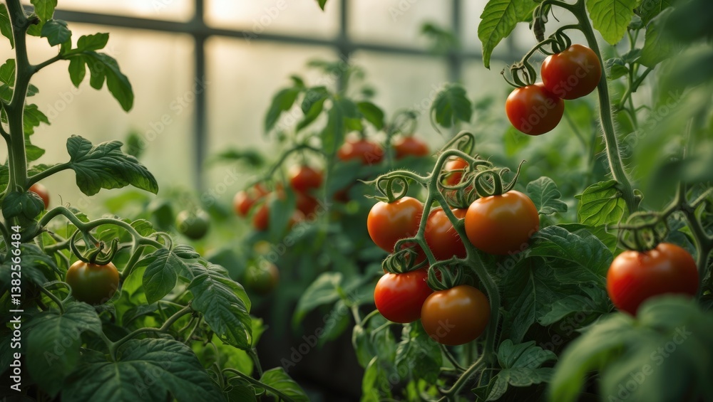 Aufkleber close up view of organic tomatoes developing on a stem. blank space for text, backdrop.
