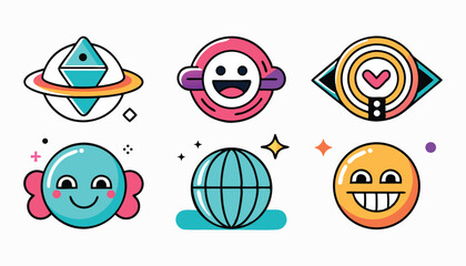 A collection of funny cartoon faces with various expressions and emotions, featuring smiley characters, monsters, and fun designs