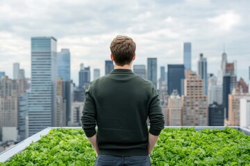 Man Looking Over City Skyline from Green Rooftop Garden Space