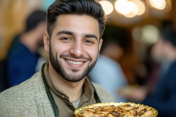 Young Man Smiling While Holding Plate of Traditional Sweet Pastry
