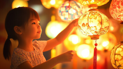Naklejka premium A young girl admires colorful lanterns in a festive setting.