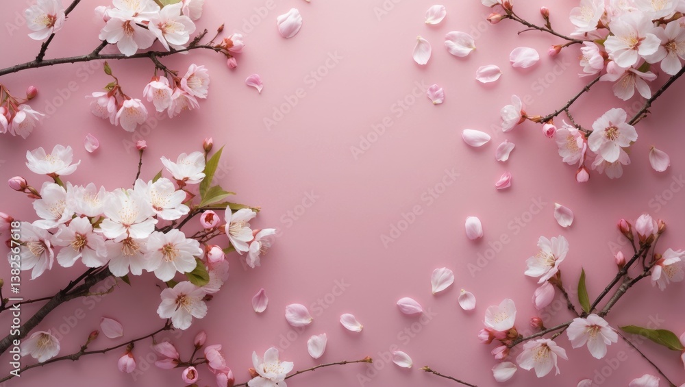 Aufkleber spring border background featuring lovely white flowering branches. pink backdrop with delicate bloo