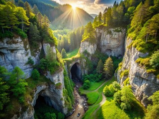 Aerial View of Hidden Cave in Bavarian Gorge - Dramatic Landscape Photography