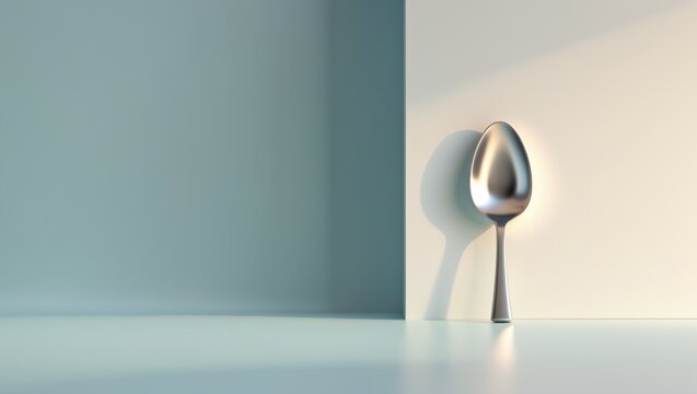 Clean empty table spoon placed on a surface, viewed from above. Area available for text.