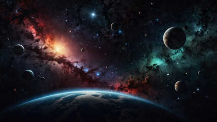 Obraz premium 宇宙空間に浮かぶ星雲と惑星