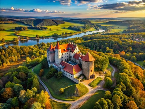 Aerial View of Ksi Castle, Poland: Majestic Architecture and Landscape