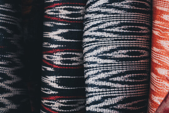 Closeup of T'nalak clothes in various colors and design patterns made from quality Abaca plant fiber, hand crafted by indigenous people in the south of the Philippines, Lake Sebu & T'boli. Animal free