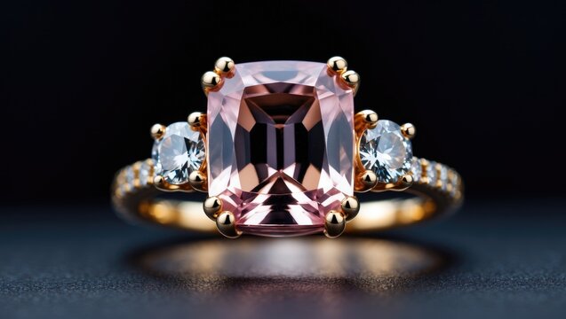 Stunning gold ring featuring morganite and diamond gemstones against a dark background in close-up.