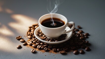 Fototapeta premium Coffee cup and coffee beans on a gray background, fragrant.