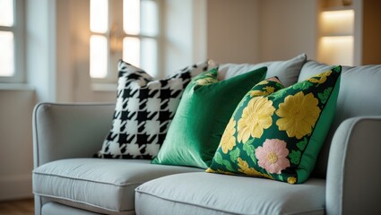 Close-up of a red paisley design throw pillow on a cushioned sofa in a contemporary living room.
