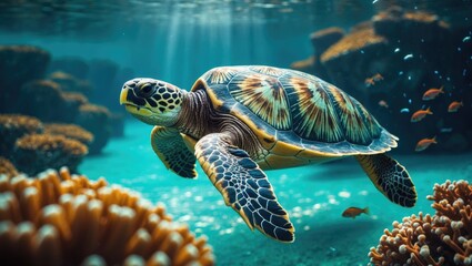 Fototapeta premium Green sea turtle gliding above a coral reef in close-up.