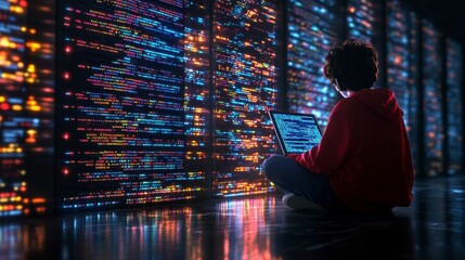 Young person sits cross legged on dark floor, using laptop facing wall of colorful data streams.