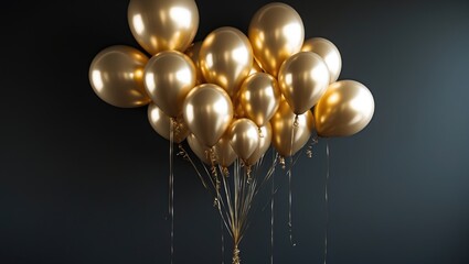 Golden balloons for New Year festivities against a dark backdrop. Ideal for holiday themes and wallpapers.
