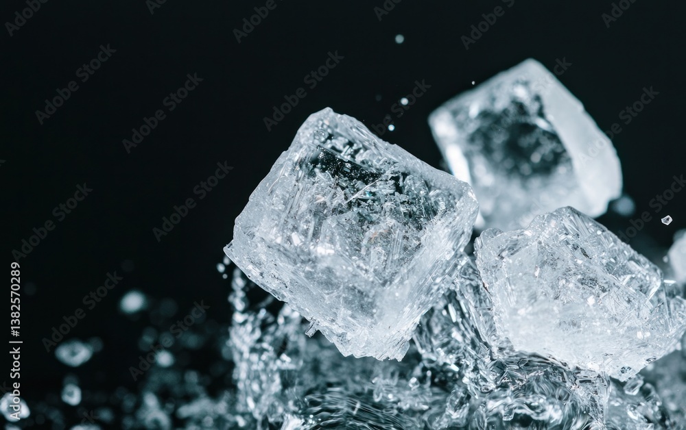 Poster ice cubes splashing on dark background