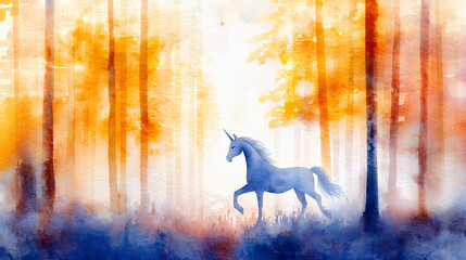 mystical unicorn walks gracefully through vibrant forest filled with orange and blue hues, evoking sense of wonder and magic