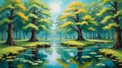 Serene landscape with lush green trees and calm water reflections, nature painting