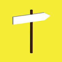 A yellow directional sign points to the right side of the image. A wooden signpost displaying three arrow shaped directional indicators. 