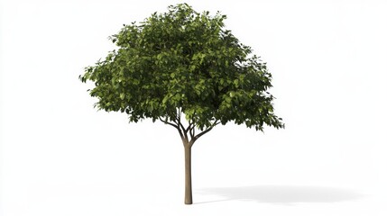 Obraz premium Lush green tree stands alone in a bright setting showcasing vibrant foliage and sturdy trunk with soft shadows on a white background, isolated on white background