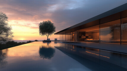 Infinity Pool front of Luxury Resort with Sunset View Reflection