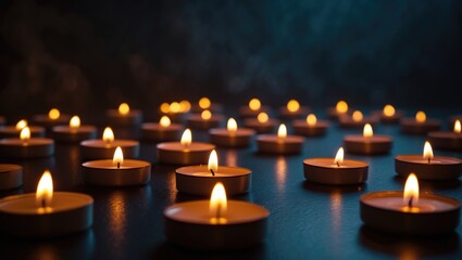 Close-up of lit candles in the darkness. Reflection of candlelight flames.