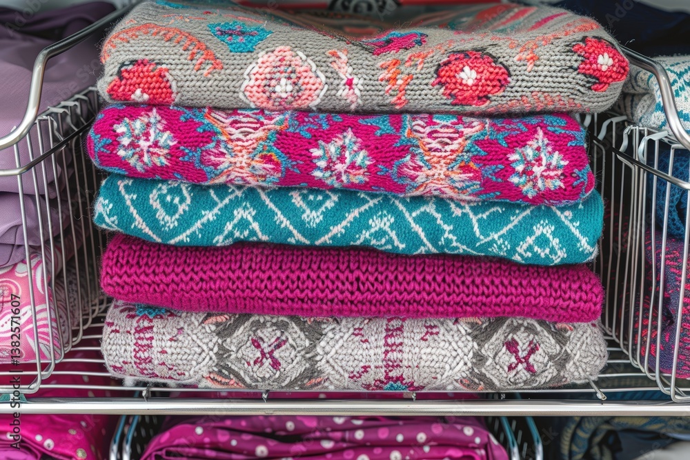 Poster a colorful stack of knitted blankets displayed neatly in a wire basket, showcasing intricate pattern
