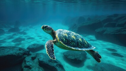Obraz premium Green turtle swimming underwater.