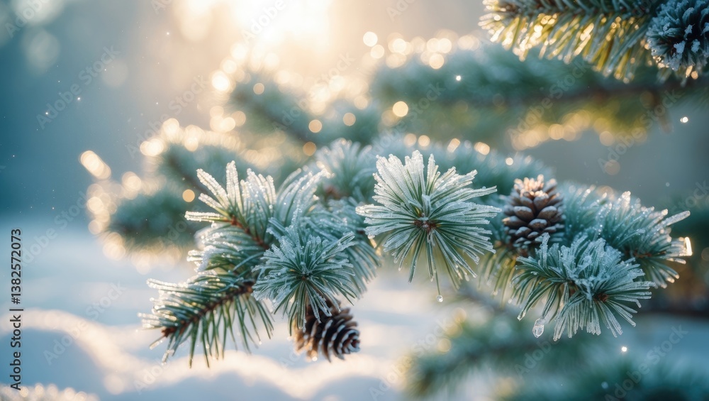 Poster nature background featuring snowy pine tree branches with shallow depth of field. close-up of a pine