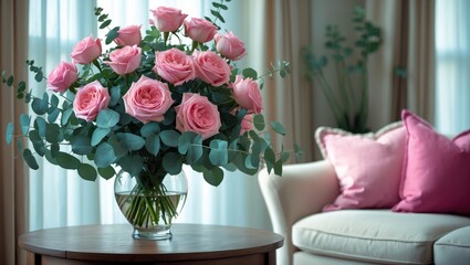 Stunning arrangement of roses and eucalyptus branches in a vase beside candles on a table. Space for text.