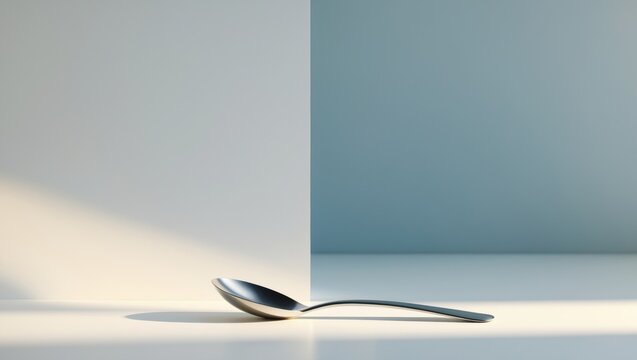 Clean empty table spoon on a surface, overhead view. Area available for text.