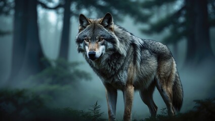 Fototapeta premium Gray wolf, often referred to as timber wolf, solitary in the forest.