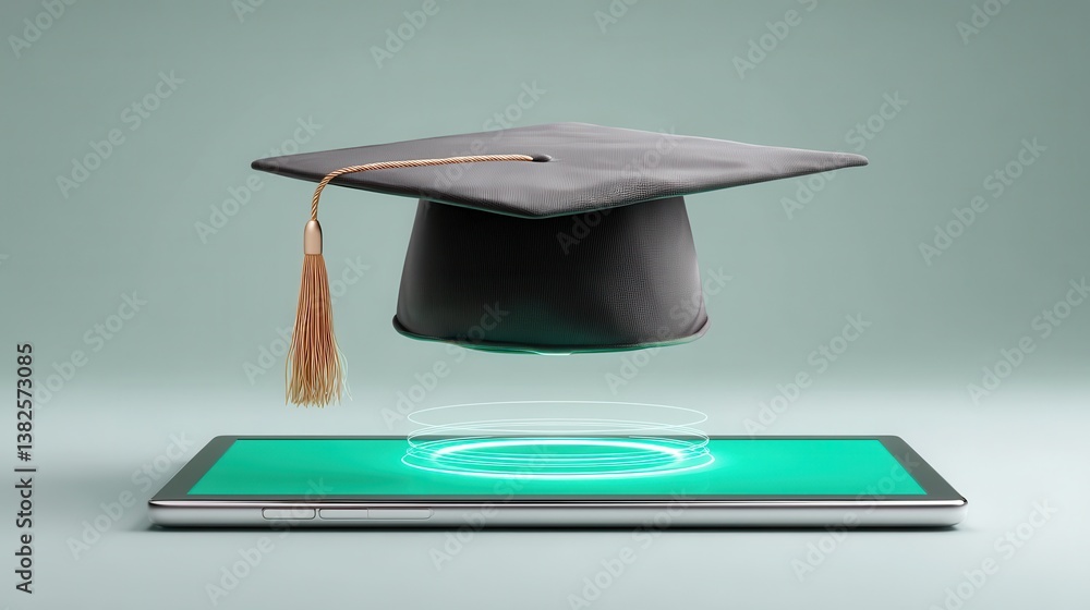 Poster a floating illuminated graduation cap hovering above a glowing digital tablet symbolizing the power 