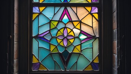 Vintage stained glass window featuring a geometric pattern and frame.